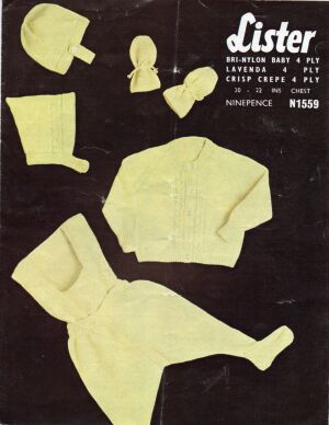 Lister N1559<br />Pram Set including Coat, Top, Pullups, Mittens, Bonnet, Cap<br />2 sizes